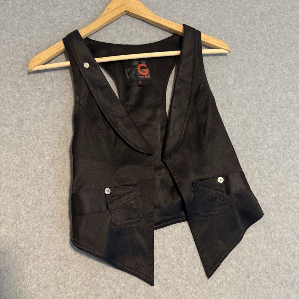 Vintage Y2K 90's G By Guess Size S ~ Black Satin Silky Crop Vest Top Open Front